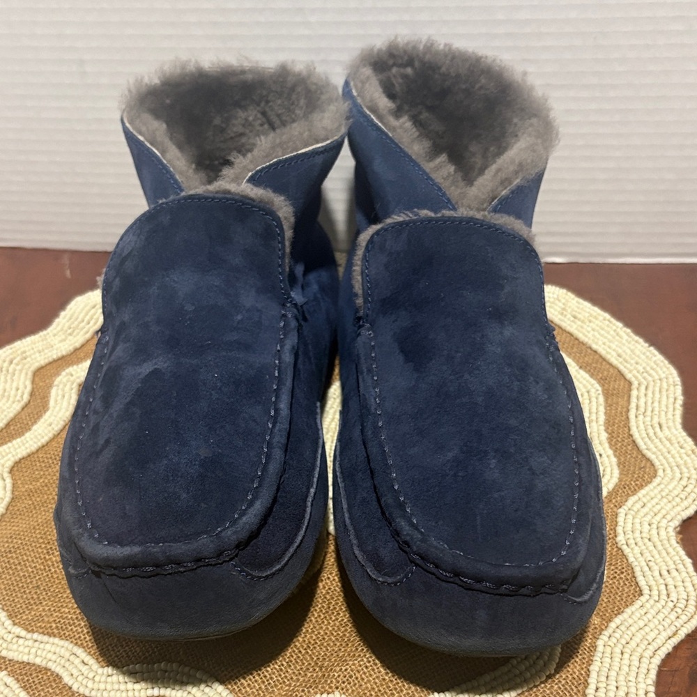 12 UGG Navy Suede Shearling Moccasin Slippers